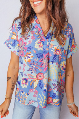Purple Vacation Floral Print V Neck Short Sleeve Blouse LC25136471-P820