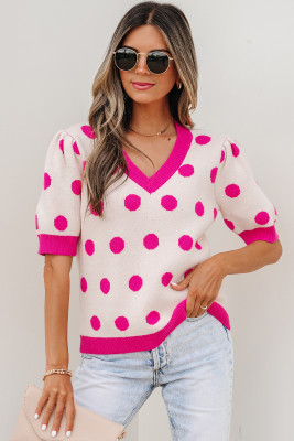 Pink Polka Dot Puff Short Sleeve Sweater Top LC2771540-P1022