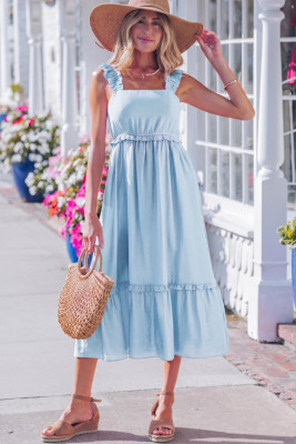 Beau Blue Solid Color Ruffle Trim High Waist Sleeveless Maxi Dress LC6128603-P804