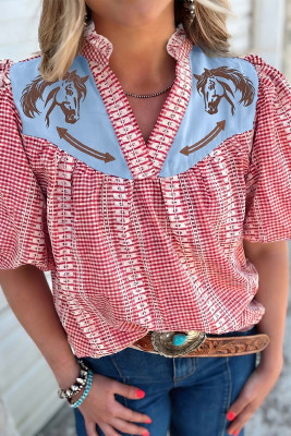 Red Western Pony Embroidered Yoke Puff Sleeve Gingham Blouse LC25136729-P322