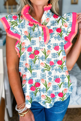 Rose Floral Print Color Block Striped Trim Flutter Sleeve Half Button Blouse LC25136426-P620