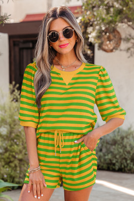 Yellow Stripe Puff Short Sleeve T Shirt Matching Shorts Set LC628671-P719