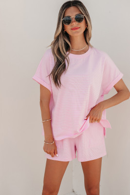 Pink Stripe Matching Oversized Tee and Drawstring Shorts Set LC628875-P1019