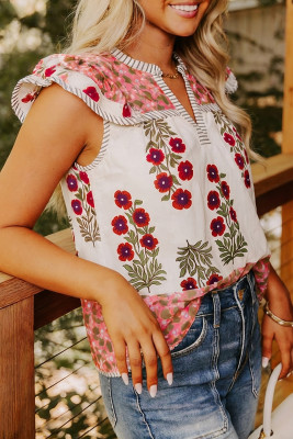 White Floral Print Contrast Striped Trim Flutter Cotton Blouse LC25136752-P120
