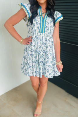 Sky Blue Floral Print Contrast Trim Flutter Sleeve Mini Dress LC6128115-P420