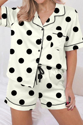 Beige Polka Dot Print Lapel Shirt Drawstring 2pcs Short Pajama Set LC152195-P101520