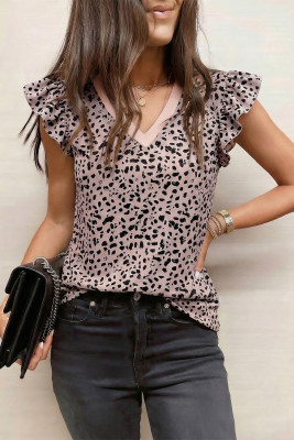 Black Cheetah Print V Neck Ruffle Trim Loose Tank Top LC25613926-P220