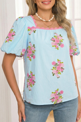 Sky Blue Floral Printed Contrast Ricrac Detail Bubble Sleeve Blouse LC25137162-P420