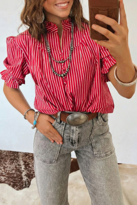 Red Stripe Ruffled Short Puff Sleeve Button Front Blouse LC25137091-P319