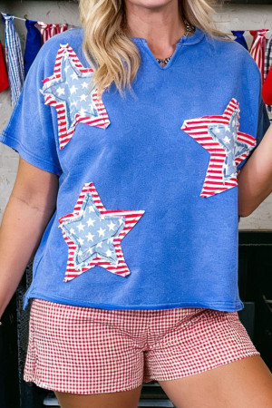 Sky Blue Patriot Star Patched Notched Neck Mineral Washed Tee LC25230909-P205