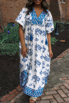 Sky Blue Boho Abstract Print Contrast Trim V Neck Tassel Tie Dress LC6128078-P420