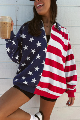 Multicolour Stars Stripes American Flag Zipped Collar Oversized Sweatshirt LC25319733-P22