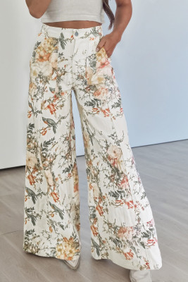 Beige Vintage Style Floral Print High Waist Wide Leg Jeans LC7876751-P1520