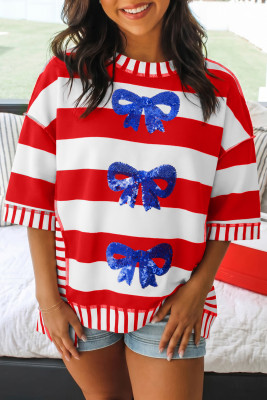 Red Stripe Sequin Bow Patriotic Half Sleeve Top LC25136800-P319