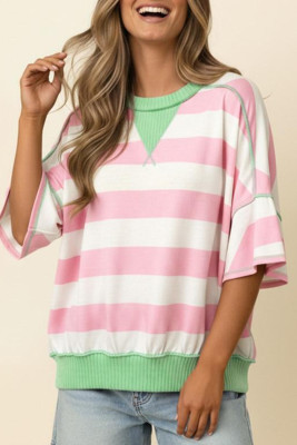 Pink Stripe Exposed Seam Ribbed Patchwork Oversized Tee LC25231306-P1019