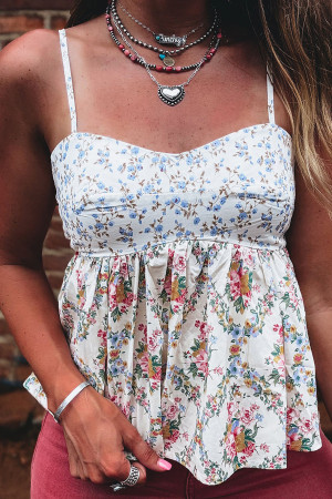 White Contrast Floral Printed Spaghetti Straps Babydoll Top LC25613781-P120