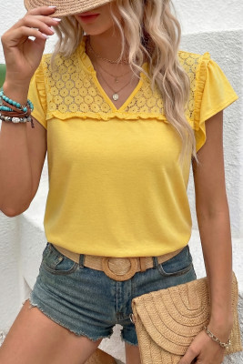 Yellow Sheer Lace Splicing Split Neck Ruffle Short Sleeve Blouse LC25134634-P7