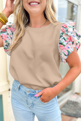 Parchment Abstract Print Tiered Ruffled Sleeve Textured Knit Top LC25129585-P6016