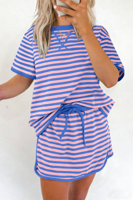 Blue Stripe Loose Short Sleeve Top and Skirt Set LC631502-P519