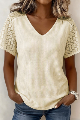 Beige Lace Splicing Button Cutout V Neck Waffle Knit Blouse LC25231409-P15