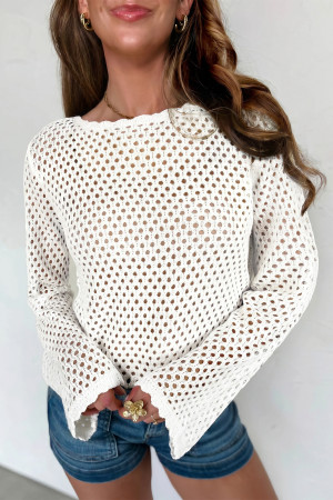 White Scalloped Trim Hollow Out Knit Long Sleeve Top LC2771689-P1