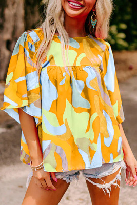 Vitality Orange Abstract Pattern Wide Sleeve Crew Neck Blouse LC25126279-P2014