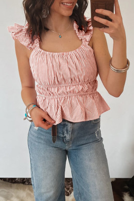 Pink Stripe U Neck Ruffle Trim Cinched Waist Tank Top LC25613937-P1019