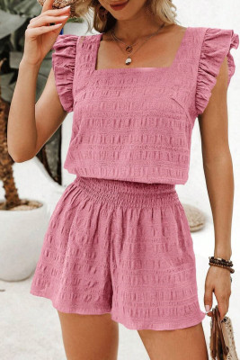 Peach Blossom Textured Square Neck Top and Shirred High Waist Shorts Set LC627669-P4010