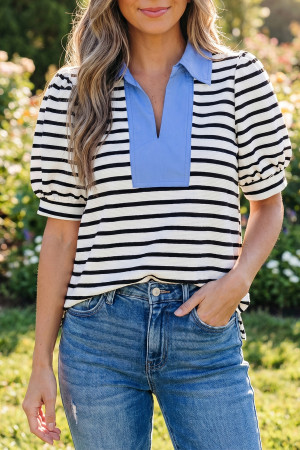 Black Stripe Short Puff Sleeve Color Block Polo Collar Blouse LC25137367-P219