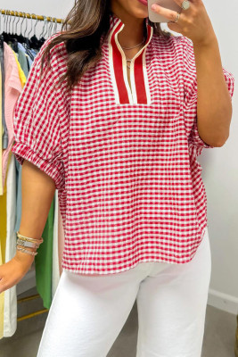 Red Plaid Short Sleeve Colorblock Trim Split Neck Blouse LC25137073-P322
