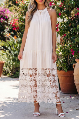 Beige Sheer Hollowed Floral Lace Hem Patchwork Loose Halter Summer Dress LC6128452-P15