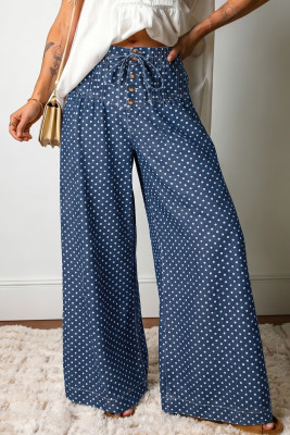 Sky Blue Polka Dot Print Button Pleated Detail Wide Leg Jeans LC7876607-P420