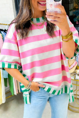 Pink Stripe Exposed Seam Contrast Patchwork Oversized Top LC25137225-P1019