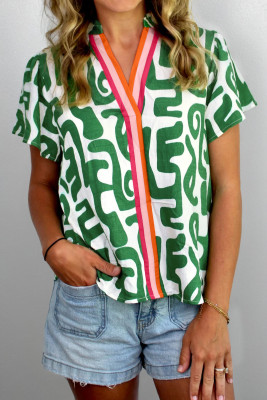 Green Abstract Print Striped Trim V Neck Short Sleeve Blouse LC25137110-P920