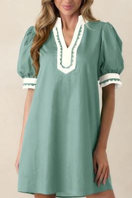 Canton Scallop Color Block Trim Puff Sleeve Mini Dress LC6126818-P2609