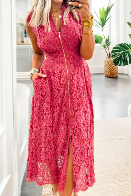 Coral Floral Lace Overlay Zip Up V Neck Smocked Waist Sleeveless Dress LC6127439-P803