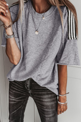 Light Grey Patchwork Detail Raw Edge Oversize Tee LC25231225-P1011