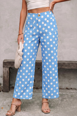 Sky Blue Polka Dot Print Patched Pocket Mid-rise Straight Leg Pants LC7714170-P304