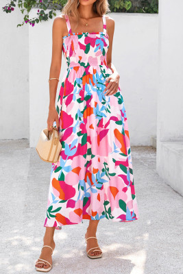 Pink Floral Print Adjustable Straps Smocked High Waist Sundress LC6128335-P1020