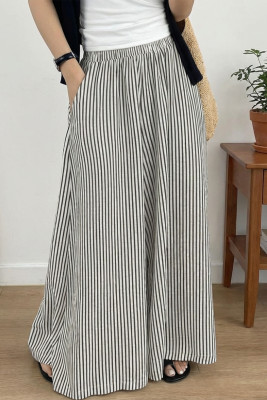Black Stripe Elastic Waist Ultra Wide Leg Pants LC7714401-P219