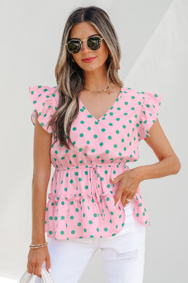 Pink V Neck Polka Dot Print Drawstring Tiered Babydoll Blouse LC25137167-P1020