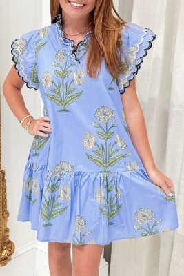 Sky Blue Wild Floral Print Scalloped Embroidery Trim V Neck Drop Waist Mini Dress LC6128567-P420