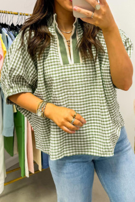 Green Plaid Short Sleeve Colorblock Trim Split Neck Blouse LC25137073-P922