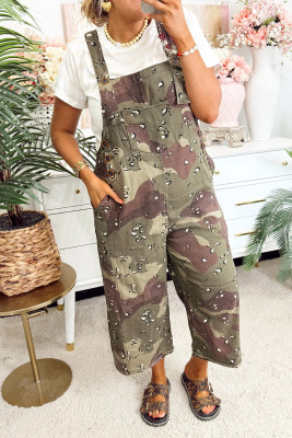 Green Camouflage Print Leopard Detail Loose Denim Overall Cropped Jumpsuit LC7721149-P920