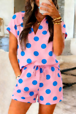 Pink Polka Dot Print V Neck Tee Short Set LC629264-P1020