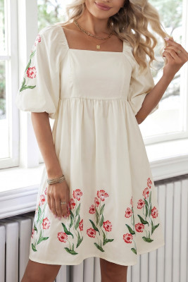 Beige Floral Print Puff Sleeve Babydoll Dress LC6128940-P1520