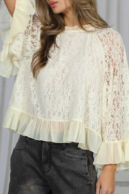 White Sheer Lace Long Sleeve Ruffle Trim Loose Blouse LC25137309-P1