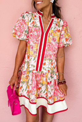 Pink Color Block Floral Print Contrast Trim V Neck Ruffle Hem Mini Dress LC6128095-P1020