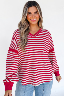 Red Stripe Exposed Seam V Neck Balloon Sleeve Pullover LC25134561-P319