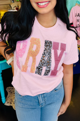 Pink PRAY Sequin Leopard Multiple Patched Graphic Tee LC25230996-P10